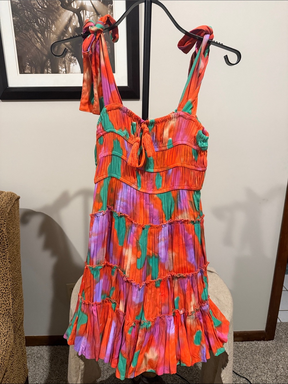 Tie-Shoulder Dress in Orange Green and Purple